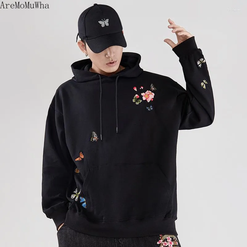 Men's Hoodies Autumn Winter Plus Velvet Thick Cherry Blossom Embroidery Hooded Sweater For Men Women Loose Trend Brand Pullover Hoodie