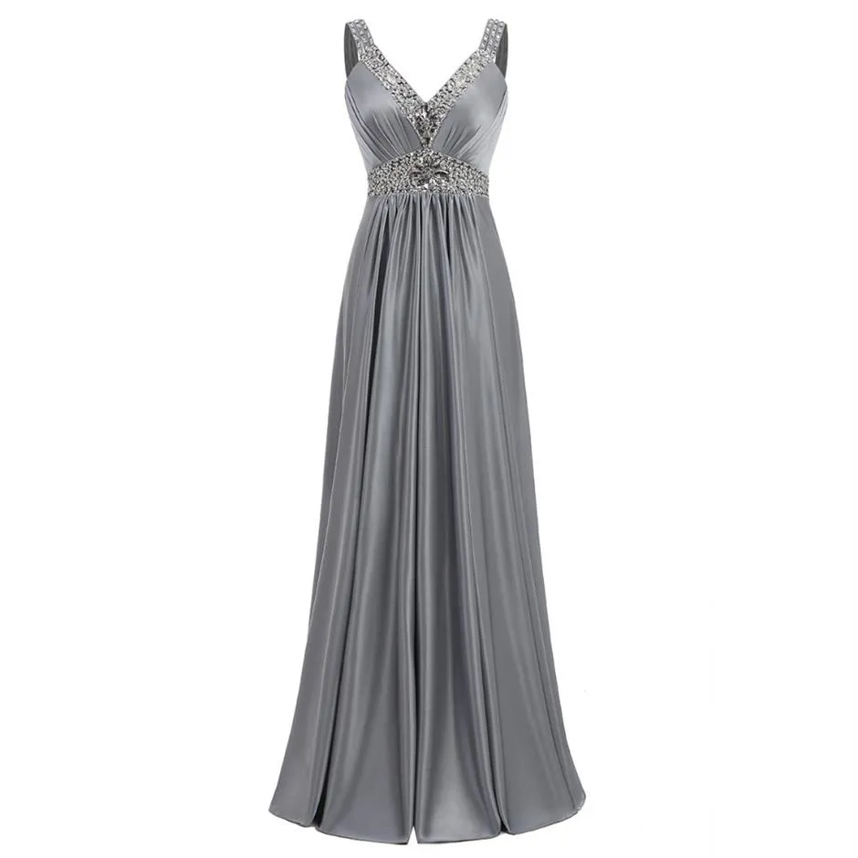 Perlenbesetztes V-Ausschnitt-Satin-Brautjungfernkleid 2019 bodenlanges Ballkleid mit Schnürung, Partykleid Gray296E