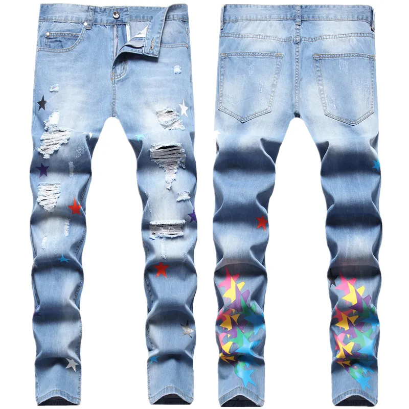 American Hip Hop Style West Coast Hipster Men Four Ripped Stars Digital Print Small Straight Leg Jeans Men Designer Jeans Mens Mens Denim Pantal