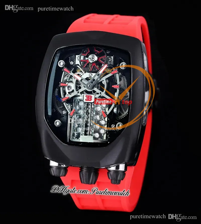 Bugatti Chiron Tourbillon Autoamtic Herrenuhr PVD-Stahlgehäuse, schwarzes Skelett-Zifferblatt, rotes Gummi, Superversion Herrenuhr Reloj Hombre Uhren BU200.21.AE.AB.A Puretime A1