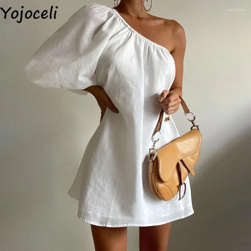 Robes décontractées Yojoceli une épaule femmes blanc robe Sexy été ample droite plage quotidien mignon robes courtes