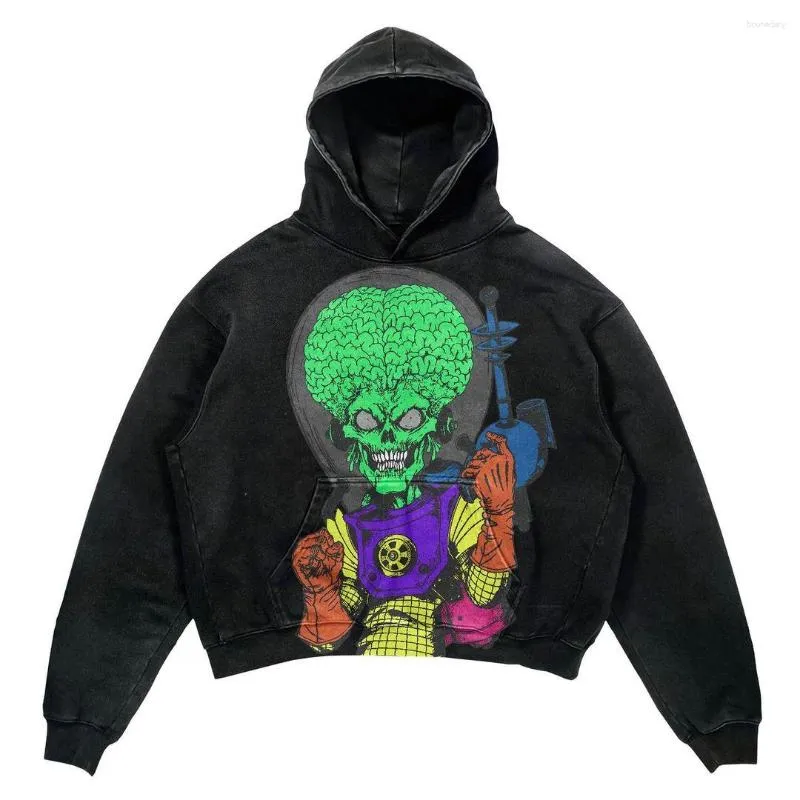 Harajuku Gothic Punk Alien Print Graphic Oversized Hoodie Warm