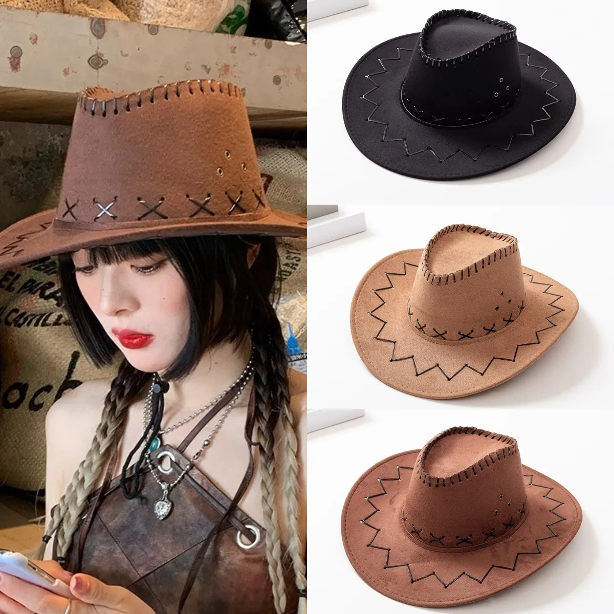 Cappello da cowboy western americano Estate Uomo Donna Cappelli da sole Cappelli da spettacolo teatrale Cappelli da viaggio da cowboy per bambini