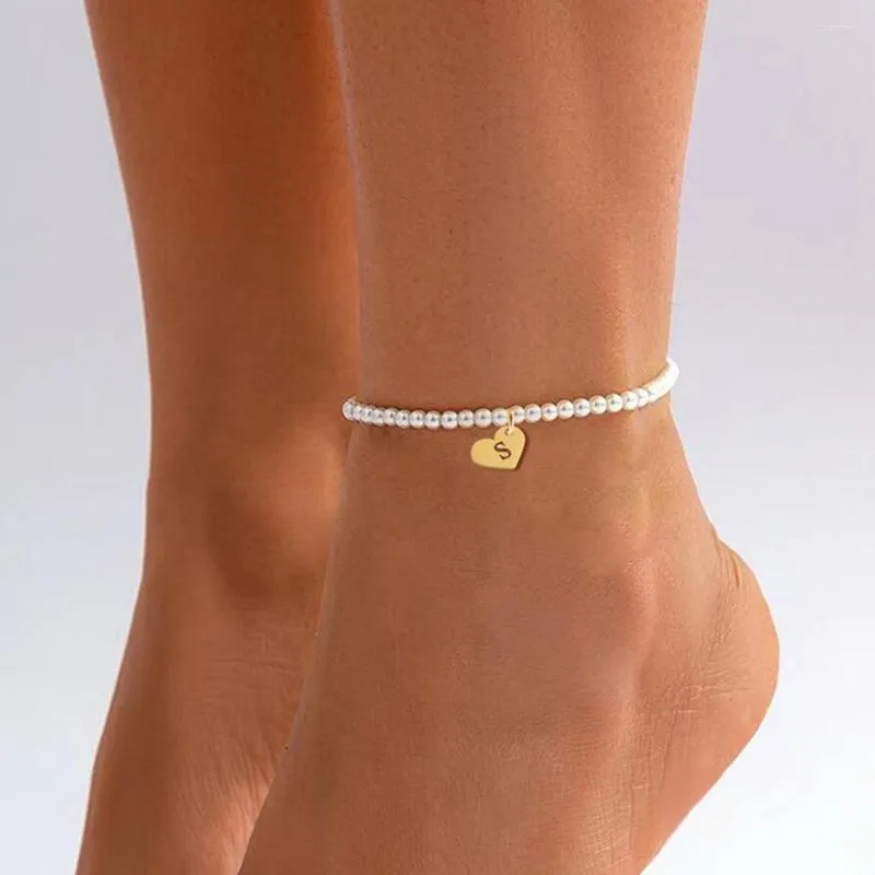 Anklets trendiga hjärta A-Z Inledande bokstav Kvinnor Anklet Temperamentalbredd 4mm Imitation Pärla för smyckespresent