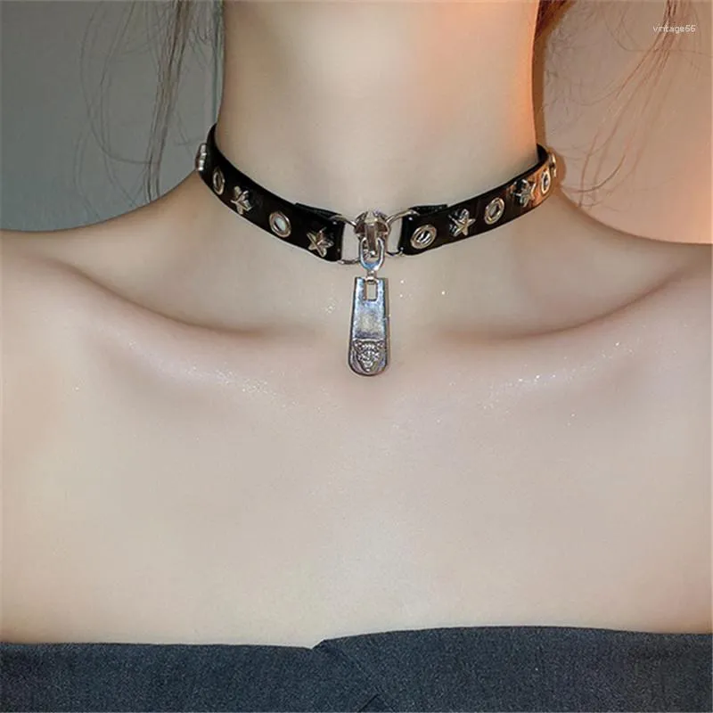 Chains XIALUOKE Vintage Geometric Metal Circular Leather Zipper Choker Necklace For Women Punk Style Personality Jewelry