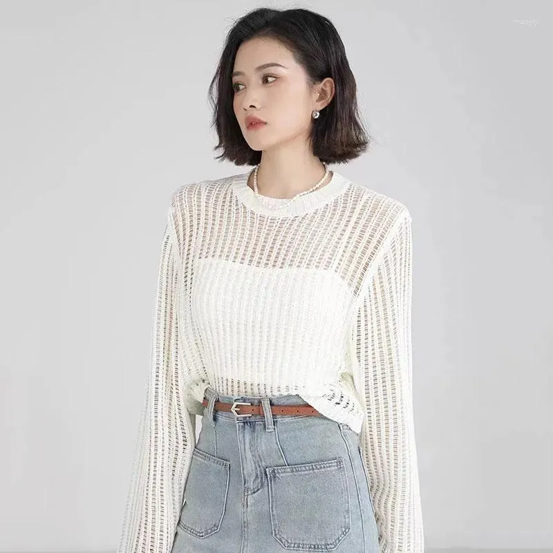 Women s Sweaters Hollow Out Knitted Sweater Women Summer Thin Sun Proof Long Sleeve Knitwear Female Y2K Aesthetic Pink Cropped
