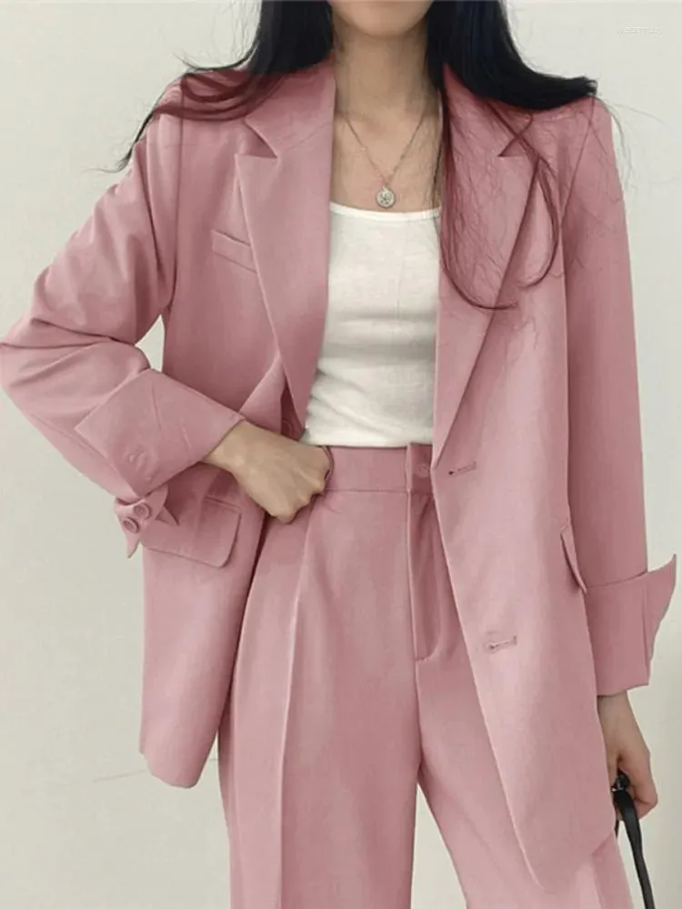 Kvinnors kostymer rosa kostymrock blazer vårens höstkoreanska kontor lady set kvinnlig pantsuit chic lös femenino