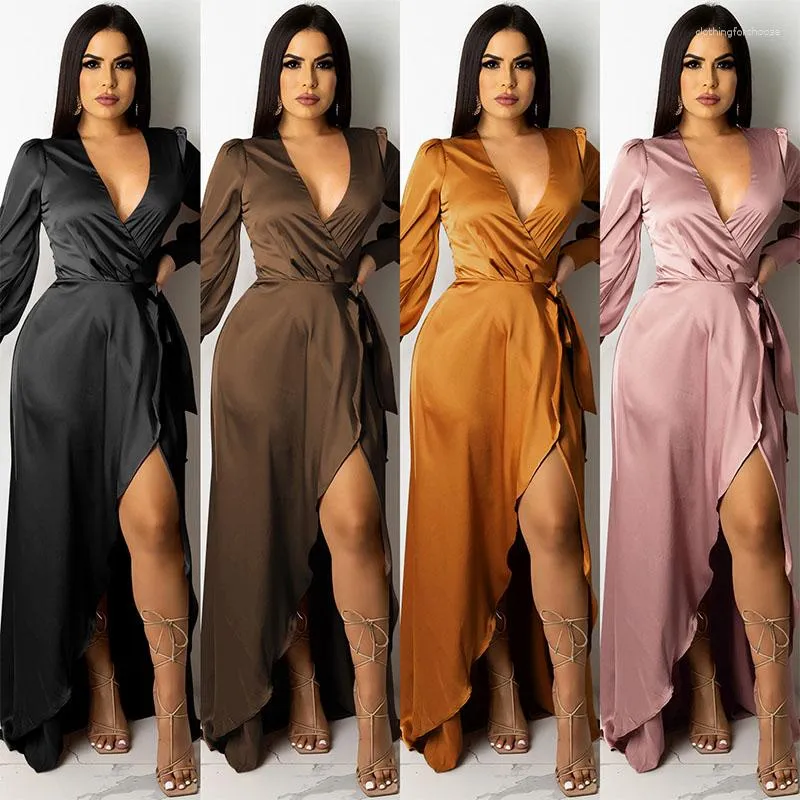 Casual Dresses Fashion Soft Silk Women Long With Belt Solid Color Smooth High Waist Slit V Neck Vestidos Sexy Lady Sleeve Clothes