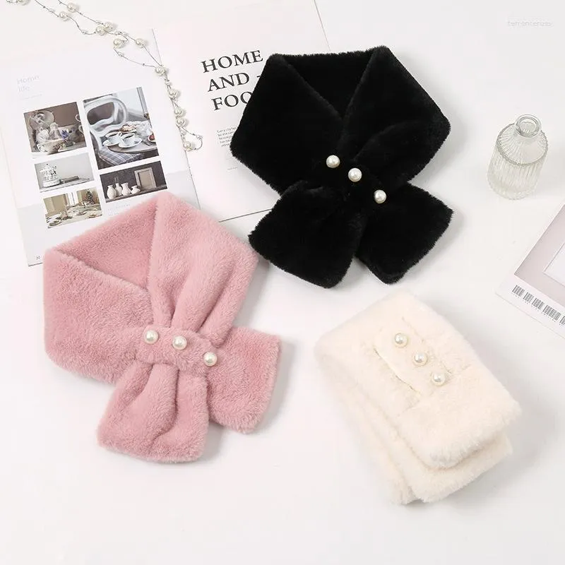 Scarves Women Winter Plush Cross Scarf Thickened Warm Faux Fur Multifunctional Neck Protection Pearls Collar