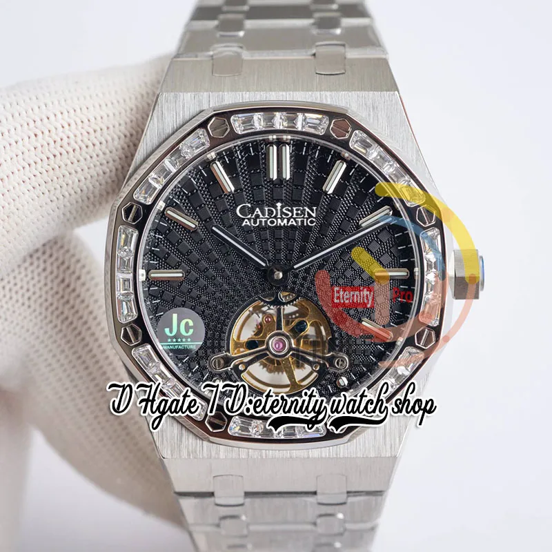 JCF jcf26521 Mens Watch Extra Thin A2924 Automatic Tourbillon 41mm Baguette Diamonds Bezel Black Tapisserie Dial Stainless Steel Bracelet Super Edition Watches