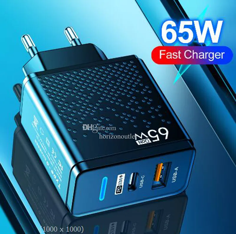 65W GaN USB-C Charger Dual Port PD USB Type C Fast Charging QC3.0 Power Adapter Wall Chargers US EU UK Plugs For Samsung s22 S23 Utral Travel Home Backup Smart Phone