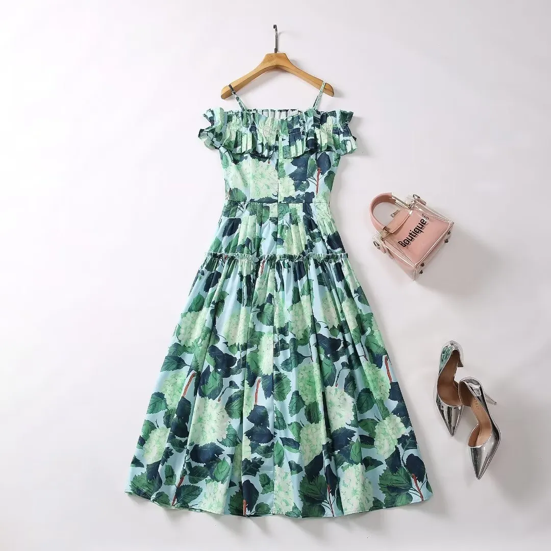 2023 verano verde vestido estampado floral sin mangas cuello cuadrado Midi vestidos casuales A3Q012215