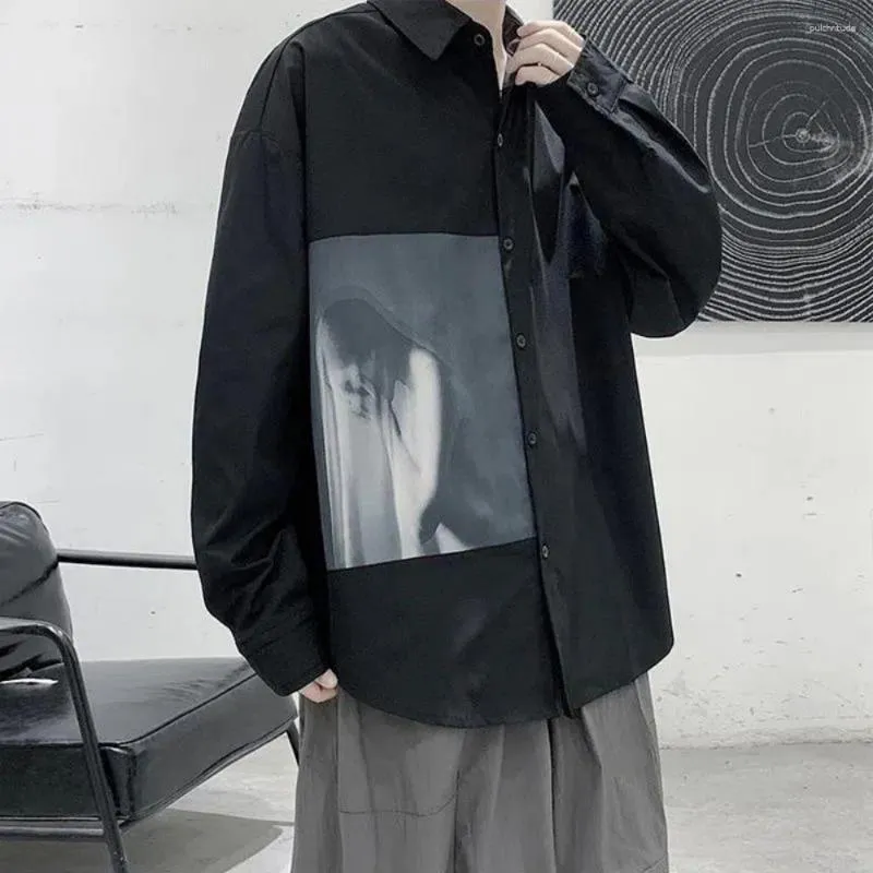 Camisas informales para hombre 2023 estampado de manga larga Cargo Harajuku camisa negra estilo coreano hombres ropa Vintage ropa de calle