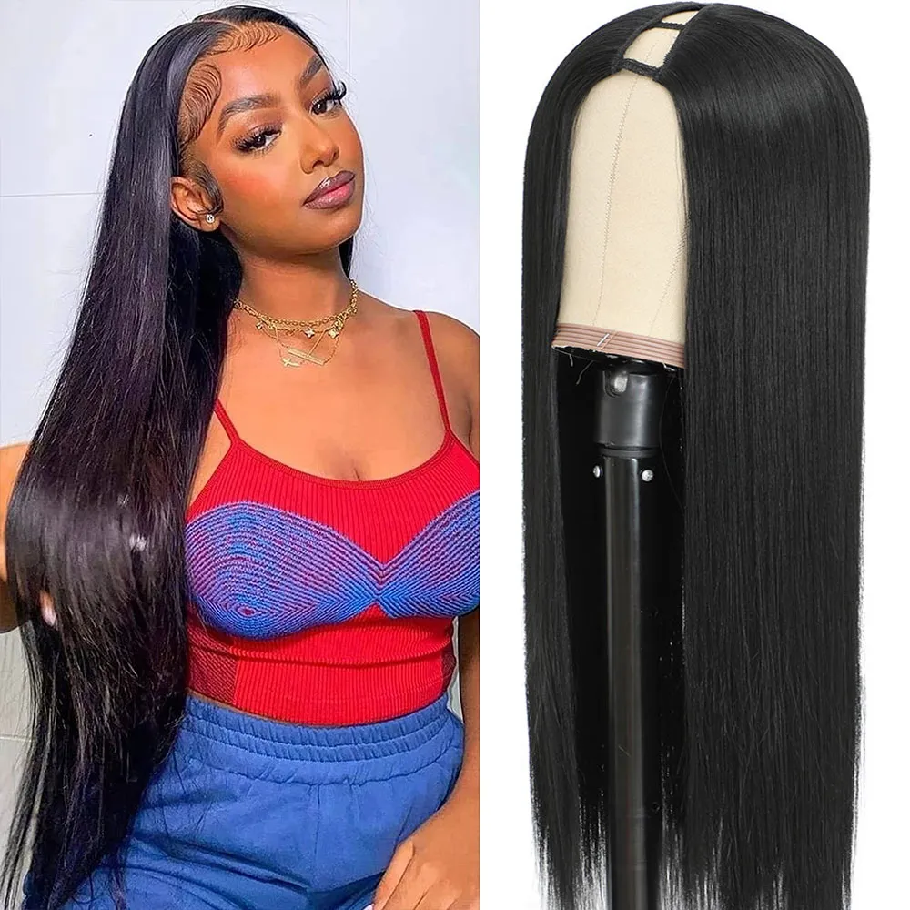 V Part Wig Silk Straight Wig 12-30 Inch V Shape Glueless Wigs No Leave Out Quick Weave Upgrade U Part Wig for Black Women