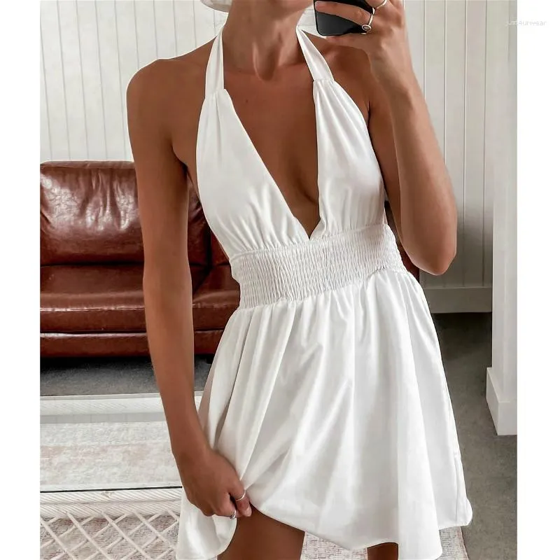 Summer Dress Women Halter V Neck Backless Mini Dress Beach Elegant Sexy Casual White Dresses Sundress Female