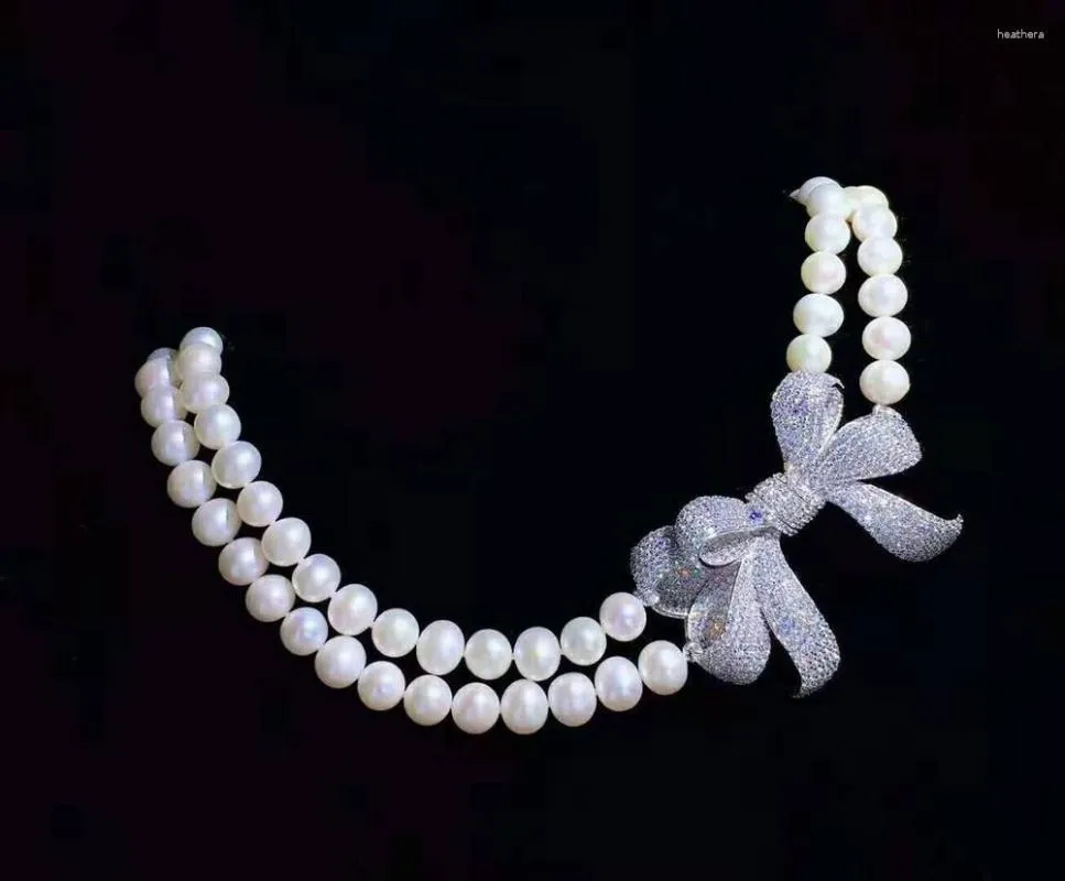 Choker Hand Knotted 43-46cm 8-9mm White Freshwater Pearl Butterfly Micro Inlay Zircon Accessories Necklace