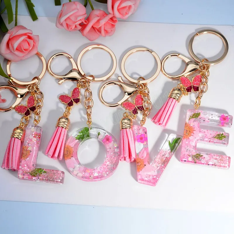 Pink Dry Flower 26 Initial A To Z Resin Keychain With Butterfly Tassel Pendant Shiny Keyring for Women Girl Handbag Accessories