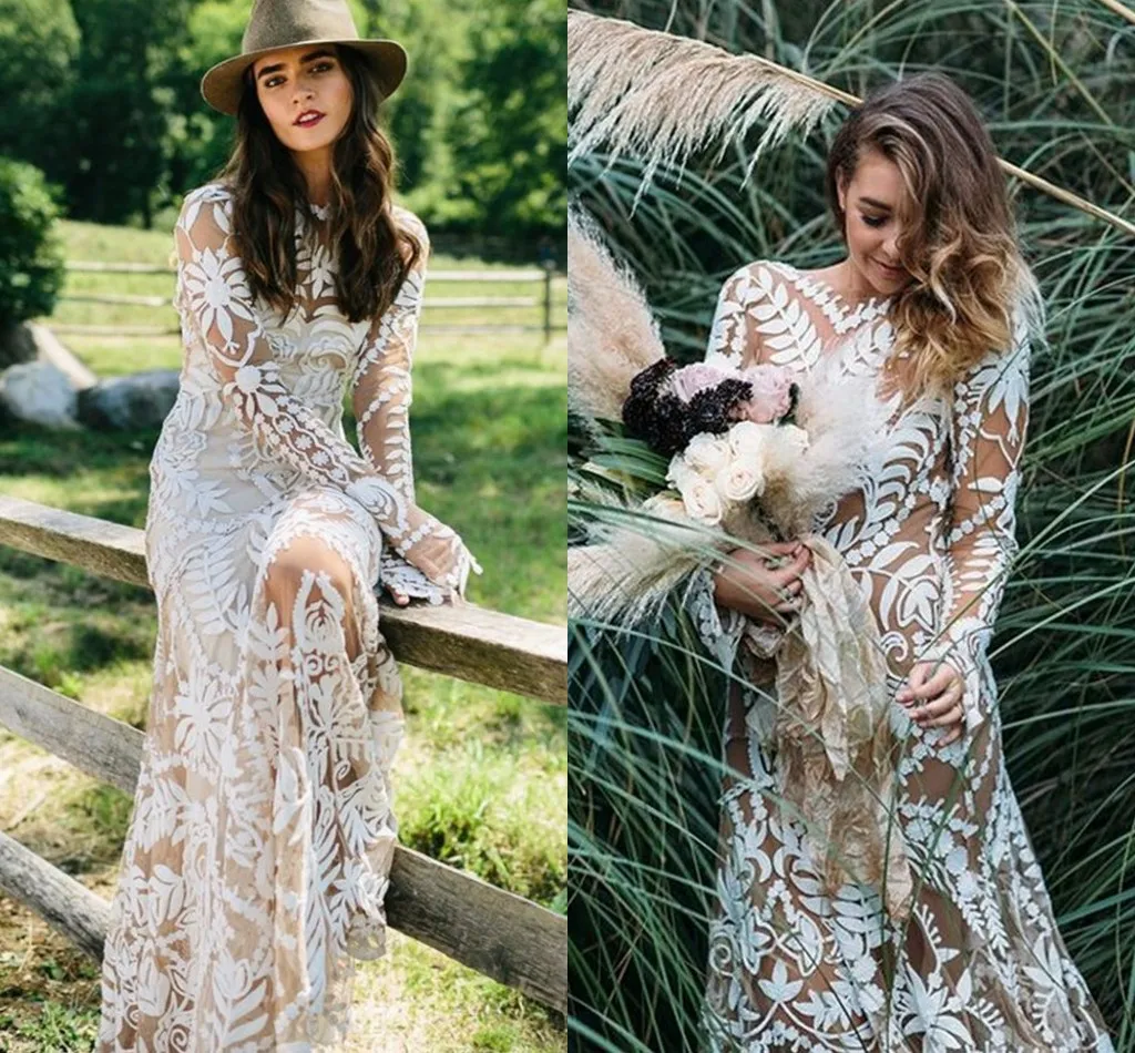 Sexy Champagne Mermaid Wedding Dress Long Sleeve Lace Appliqued