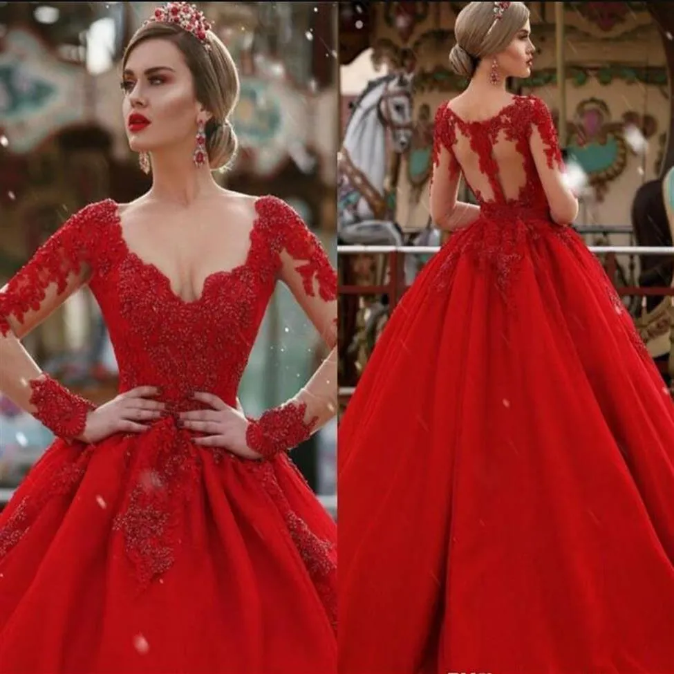 2018 Robes De Mariée À Manches Longues Sur Mesure Plongeant Col En V Dentelle Appliqued Rouge Puffy Longue Arabe Dubaï Formelle Fête Porter Des Robes Celebr324k