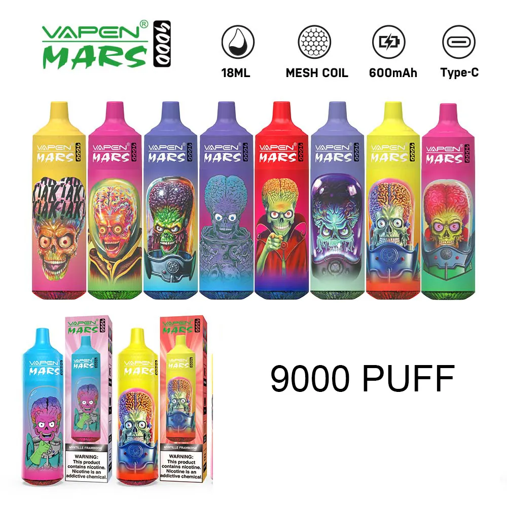 Puff 9000 Vapen Mars 9K使い捨てベイプペンE漏れない気流制御充電充電済み850mAhバッテリーメッシュコイル18mlプレフィルドポッドビッグ蒸気キット