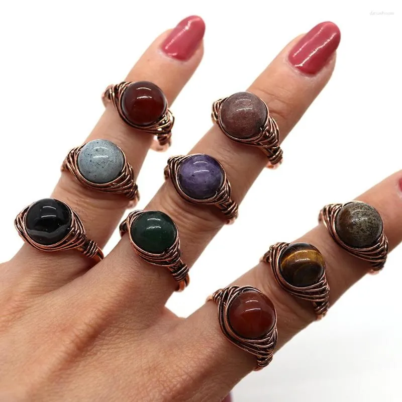 Cluster Rings Natural Stone Round Bead Crystal Ring 10-20mm Red Bronze Winding Agate Tiger Eye Charm Jewelry Making DIY Necklace Accessories