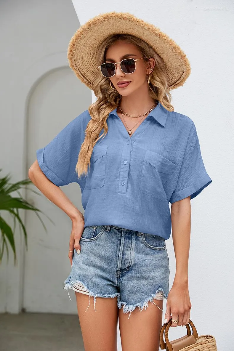 Kvinnors blusar Casual Loose Pocket Shirt Blue Women Summer Button Short Sleeve Shirts For 2023 Office Elegant Cotton Top Femme White