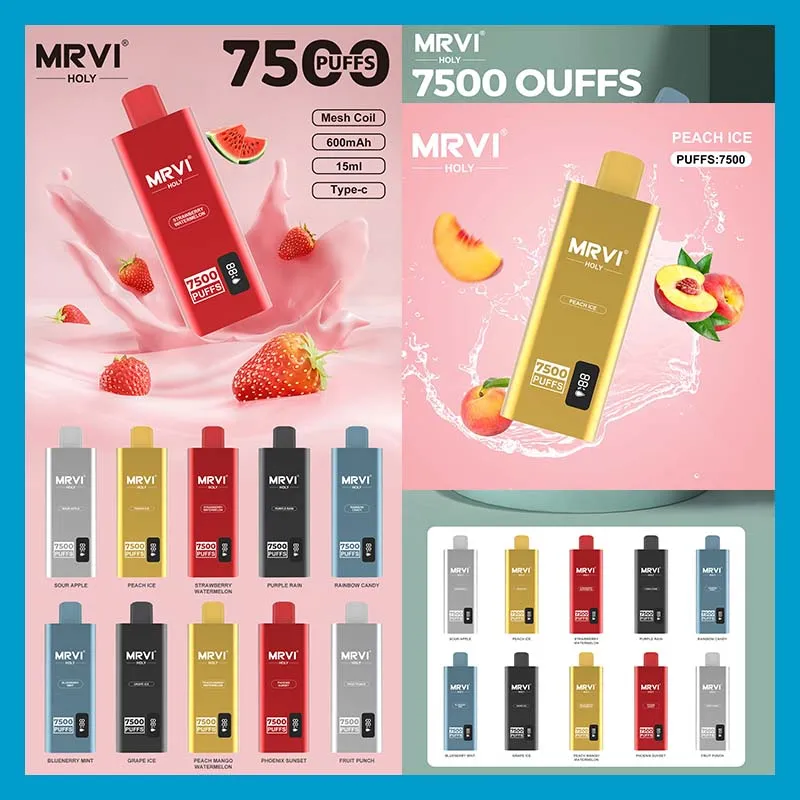 Mrvi Holy 7500 Rookwolken Wegwerp Vape Pen E Sigaret Apparaat Met 600mAh Batterij 15ml Pod Voorgevulde Catridge oplaadbaar Scherm CNC Slick Heetste