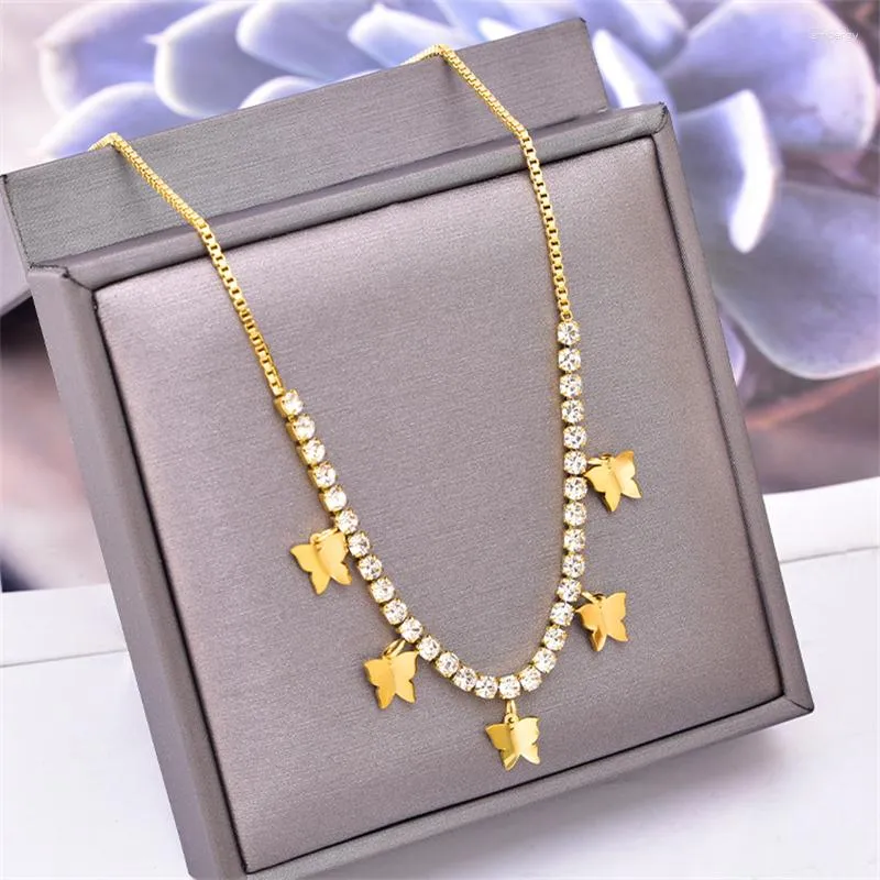 Pendant Necklaces 316L Stainless Steel Fashion Fine Jewelry Embed Zircon Butterfly Charms Chain Choker Necklace For Women