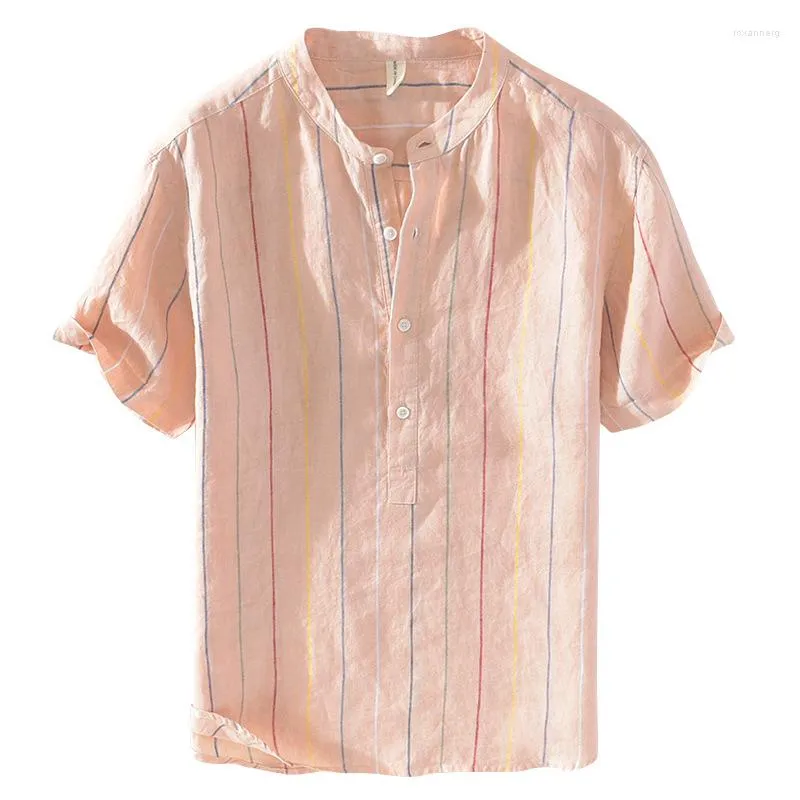 Men's Casual Shirts Pure Linen Striped Short Sleeved Shirt Youth Standing Collar Pullover Simple And Easy To Wear