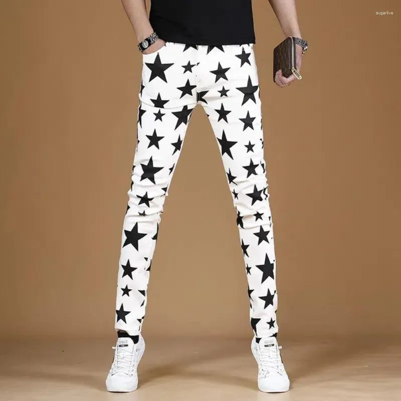 Męskie dżinsy gwiazdy drukowane mężczyźni Slim Fit Spodni moda rozciągają Pencil Spodnie Casual Streetwear High Street Denim Vintage