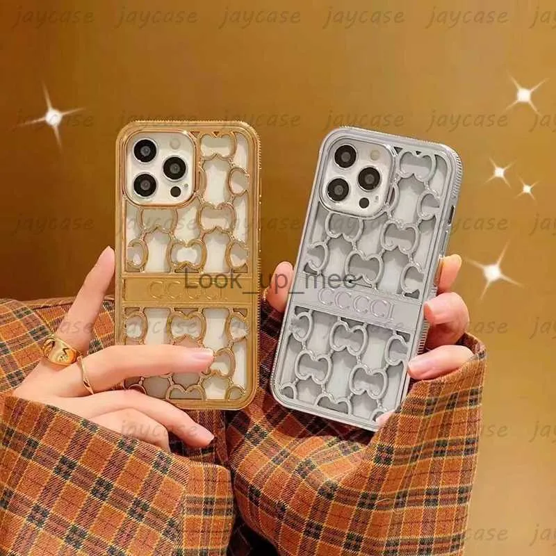 Mode Or Cadre Designer Téléphone Cas Pour Iphone 14 Pro Max Plus 13 12 11 Luxe Creux Out Argent Lettres G Cas Antichoc Couverture Shell HKD230807