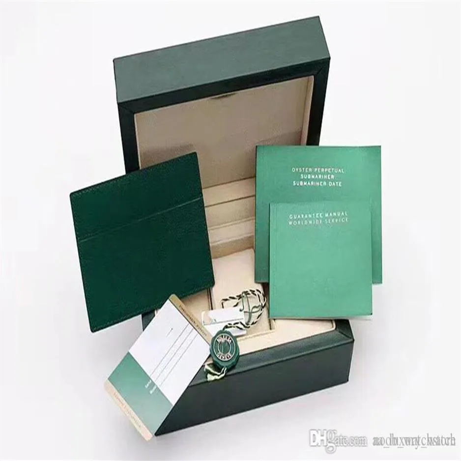 Toppkvalitet Dark Green Watch Box Gift Woody fodral för R Watches Booklet Card Taggar och papper Swiss Watches Boxes247J