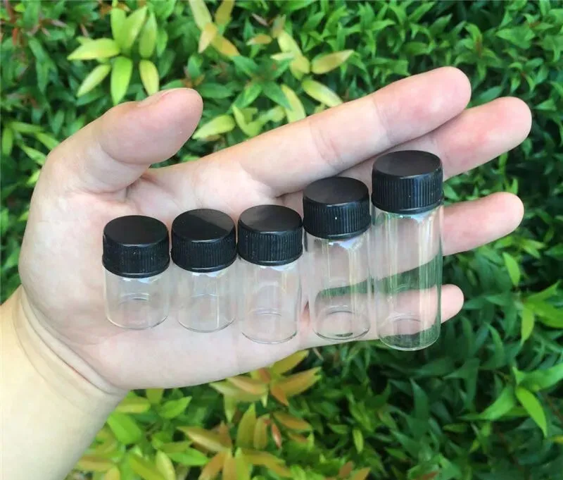 wholesale Diametro 22mm Barattoli di vetro trasparente Tappo in plastica nera 5ml 6ml 7ml 10ml 14ml Vitreous Crafts Bottiglia di olio essenziale Fiale di profumo LL