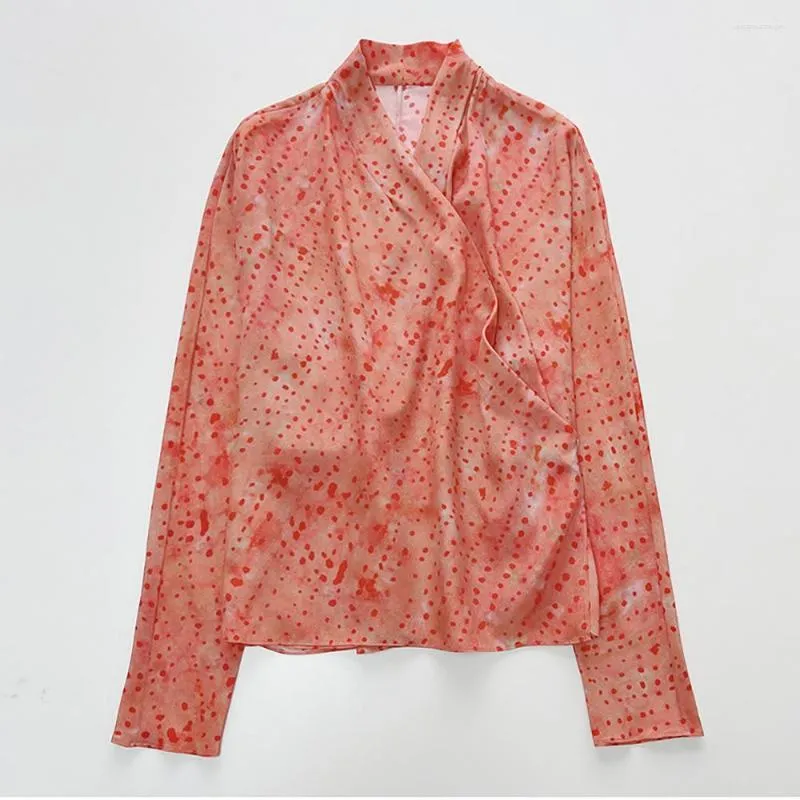 Chemisiers pour femmes Rowling miroir à pois chemise en soie femmes col en V à manches longues chemises femme élégant vacances Vintage Blouse haut