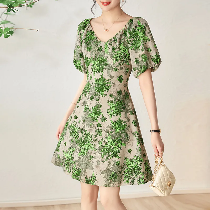 0C580M09# EVEOVNI Womens Summer Dress High Quality Sweet Girl V-Neck Bubble Sleeve Floral Skirt Bow Knot