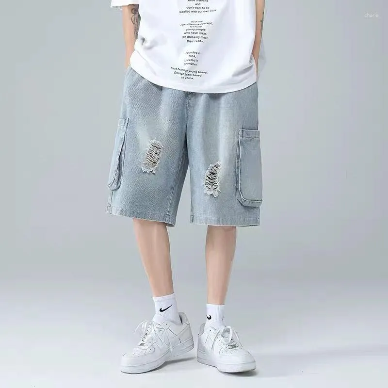 Herr shorts sommar mode denim lös raka avslappnade korta jeans bomull kortärmad t-shirt set manlig tvådelar