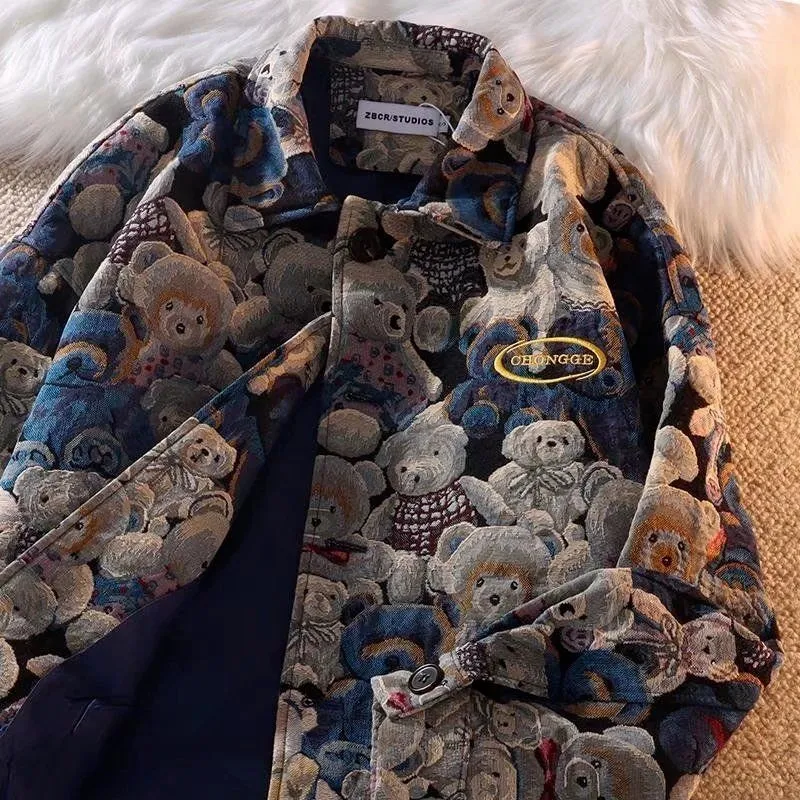 Chaquetas de mujer Otoño e Invierno moda Casual lindo oso estampado solapa chaqueta para hombres mujeres ropa de un solo pecho 230804