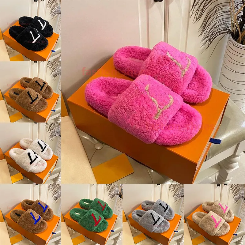 Pantoufles pour femmes Laine pour dames Fourrure d'hiver Fluffy Furry Lettres chaudes Sandales Confortable Fuzzy Feuille de fer triangulaire inversée Girl Flip Flop Slipper