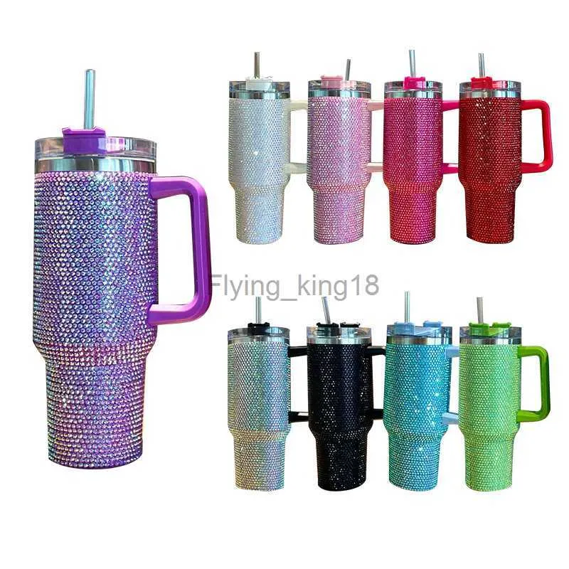 40oz Diamond Thermos Cup met Handvat Geïsoleerde Waterfles Stainl Staal Koffie Thermos Cup Reizen In-Car Thermosflessen Fles HKD230807