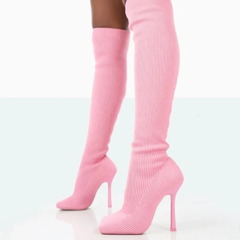 Elastic Pink 746 Knitted Knee High Square Head Toe Stiletto Heel Slip on Boots Women Winter Shoes Party Dress Sexy Concise 230807 a Ccise