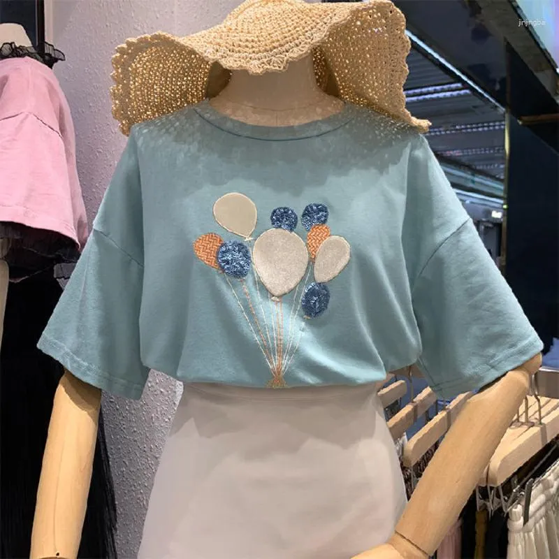 Women's T Shirts 2023 Summer Korean Cotton Sequins Air Balloon Short Sleeve T-shirt Loose Cartoon Embroidery Top