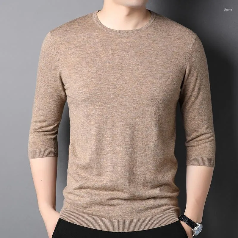 Camisetas de lana para hombre camiseta de manga tres cuartos cuello redondo sueter fino de primavera y verano camisa de punto transpirable