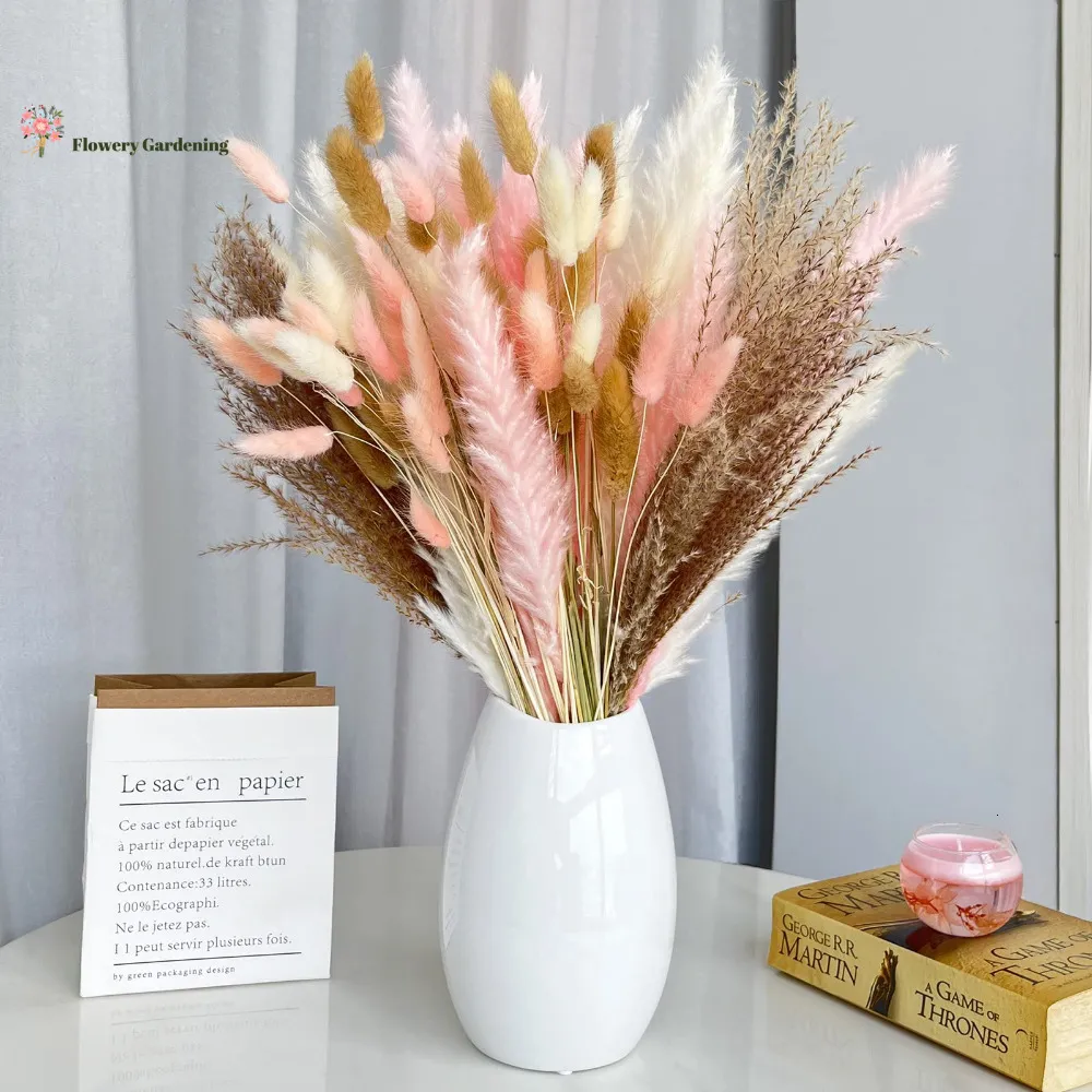 Gedroogde bloemen 70PCS Gedroogde bloemen Pampas Boeket Voor Nordic Home Decor Roze Eeuwige Bruiloft Natuurlijk Gedehydrateerd Kunstbloemen Ornament 230804