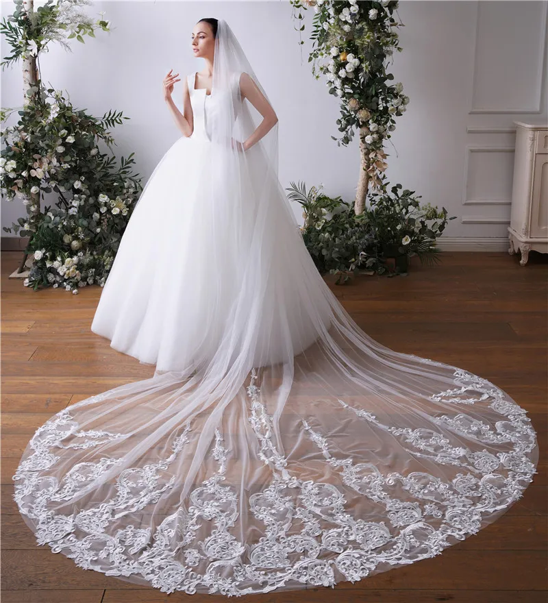 Velo da sposa di lusso fatto a mano Lungo bordo applique 1 strato Romantico  Velo da sposa lungo Cattedrale Lunghezza 3 metri Tulle morbido Per la