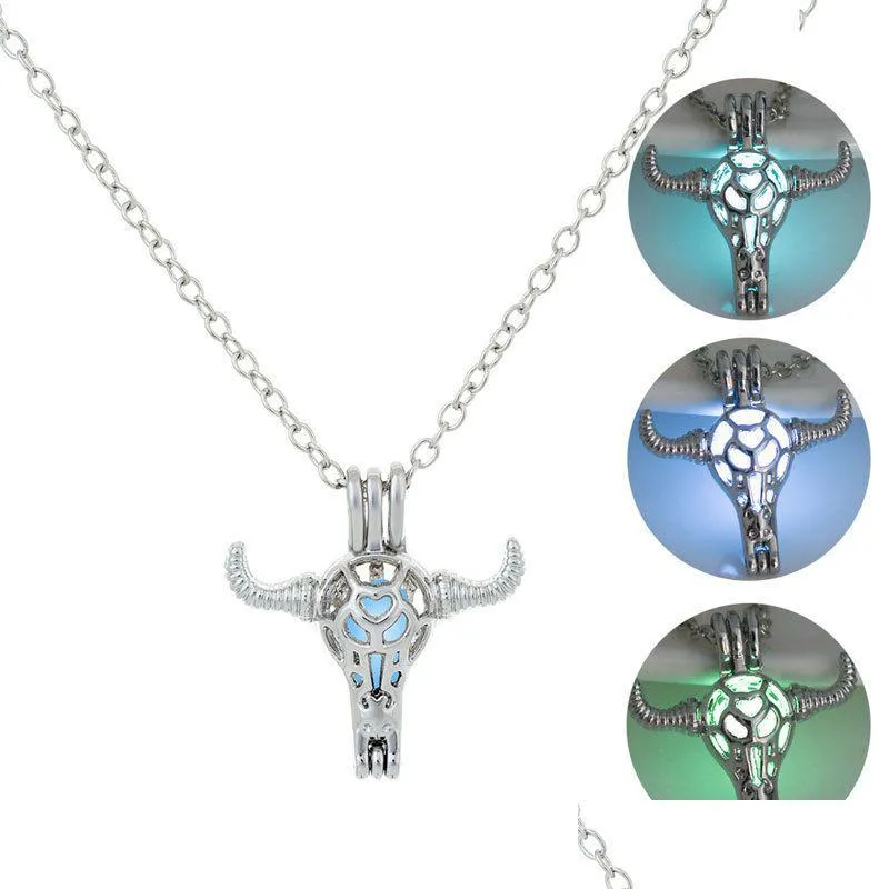 Medaliki modne świetliste BLE GŁOWA Naszyjniki dla kobiet świecą w ciemnej kamiennej klatce otwarte łańcuchy sier biżuteria