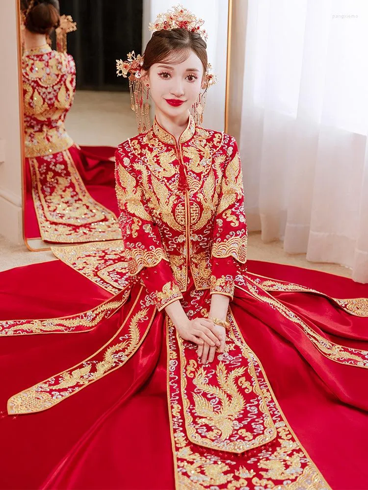 Vêtements ethniques mariée élégante Style chinois traditionnel Phoenix broderie Toast femmes robe de mariée Tang costume