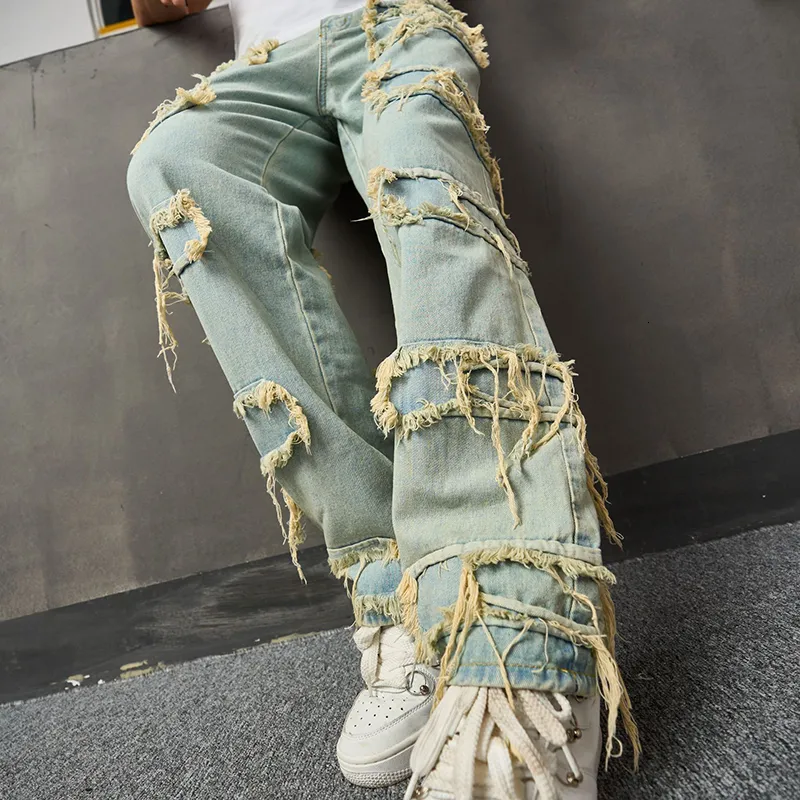Mäns jeans faller streetwear mens denim pants mode rippade deisgn lapptäcke rak jeans män y2k stil vintage ren färg jean pant 230804