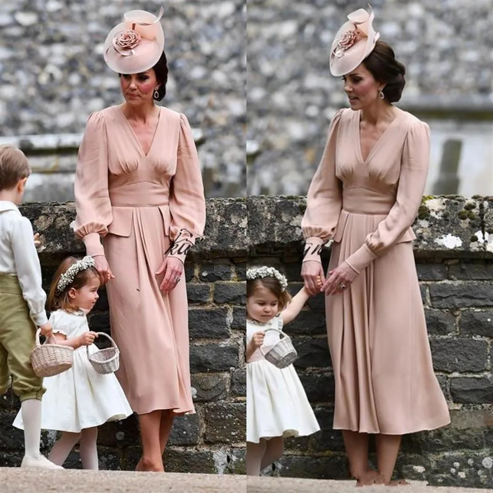 Kate Middleton Simple Mousseline De Soie Mère De La Robe De Mariée Manches Longues Thé Longueur Vintage Invité De Mariage Robe Col En V Dusty Pink Form2894