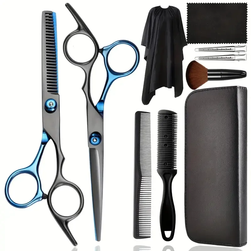 Ensemble de 10 ciseaux de coupe de cheveux professionnels - Ciseaux à effiler en acier inoxydable pour barbiers, salons, maison, hommes, femmes, enfants (noir bleu)