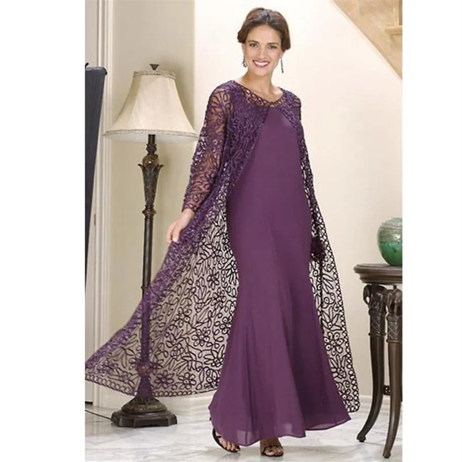 Custom Made violet sirène mère de la mariée robes avec veste en dentelle à manches longues cheville longueur robe de soirée en mousseline de soie soirée Wear209U